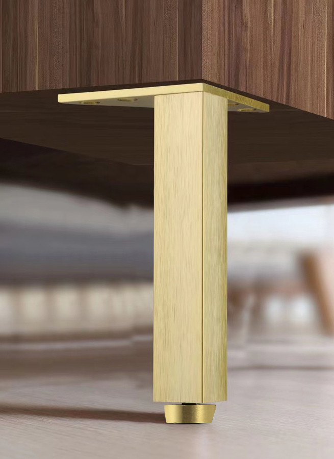Close-up of gold furniture legs, showcasing DELTA CAINA's premium craftsmanship and customizable designs for luxurious and durable furniture hardware.